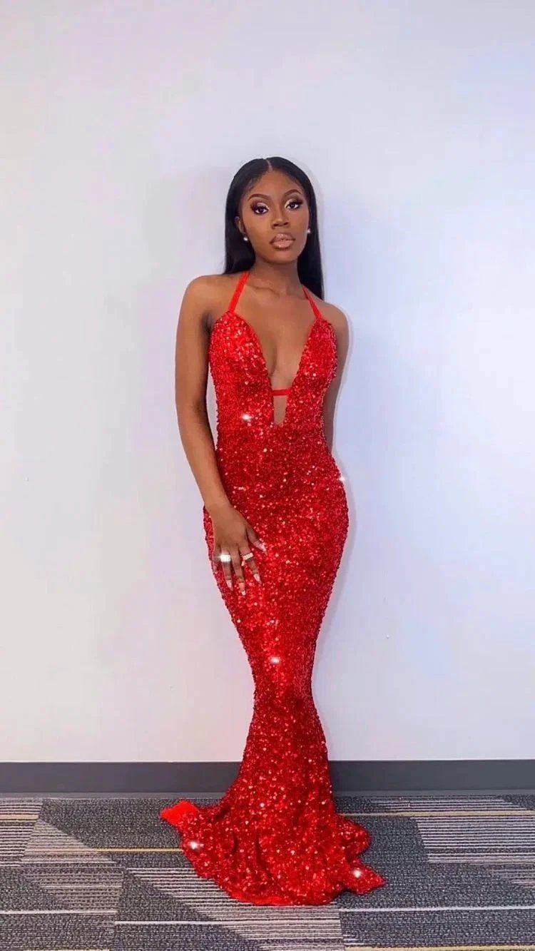 Charming Mermaid Red Sequins Long Prom Dresses,Sexy Red Evening Dress Y1693 by simplepromdress
