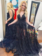 Black v neck tulle lace long prom dress, black tulle lace evening dress Y1773 by simplepromdress