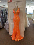 Orange Sequins Mermaid V-neck Long Prom Dress,Elegant Evening Dress,Orange Formal Gown Y1714 by simplepromdress