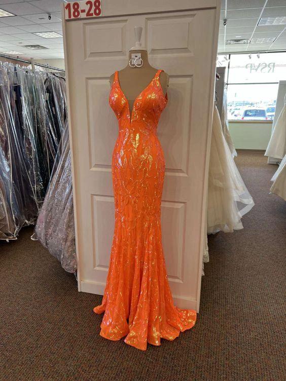 Orange Sequins Mermaid V-neck Long Prom Dress,Elegant Evening Dress,Orange Formal Gown Y1714 by simplepromdress
