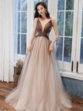 V Neck Brown Ombre Long Prom Dresses, Brown Ombre Floor Length Formal Evening Dresses Y1820 by simplepromdress