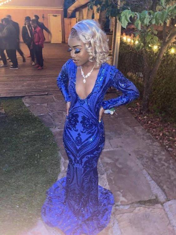 Sparkle Royal Blue Sequin Long Sleeves Mermaid Evening Dresses Y1663 by simplepromdress