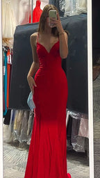 Red Spaghetti Straps Sheath Prom Dress,Red Evening Dress,Graduation Dress Y1835