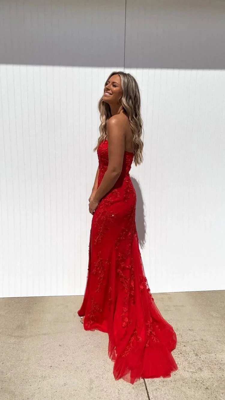Strapless Red Lace Tulle Prom Dress,Elegant Red Evening Dress Y1731 by simplepromdress