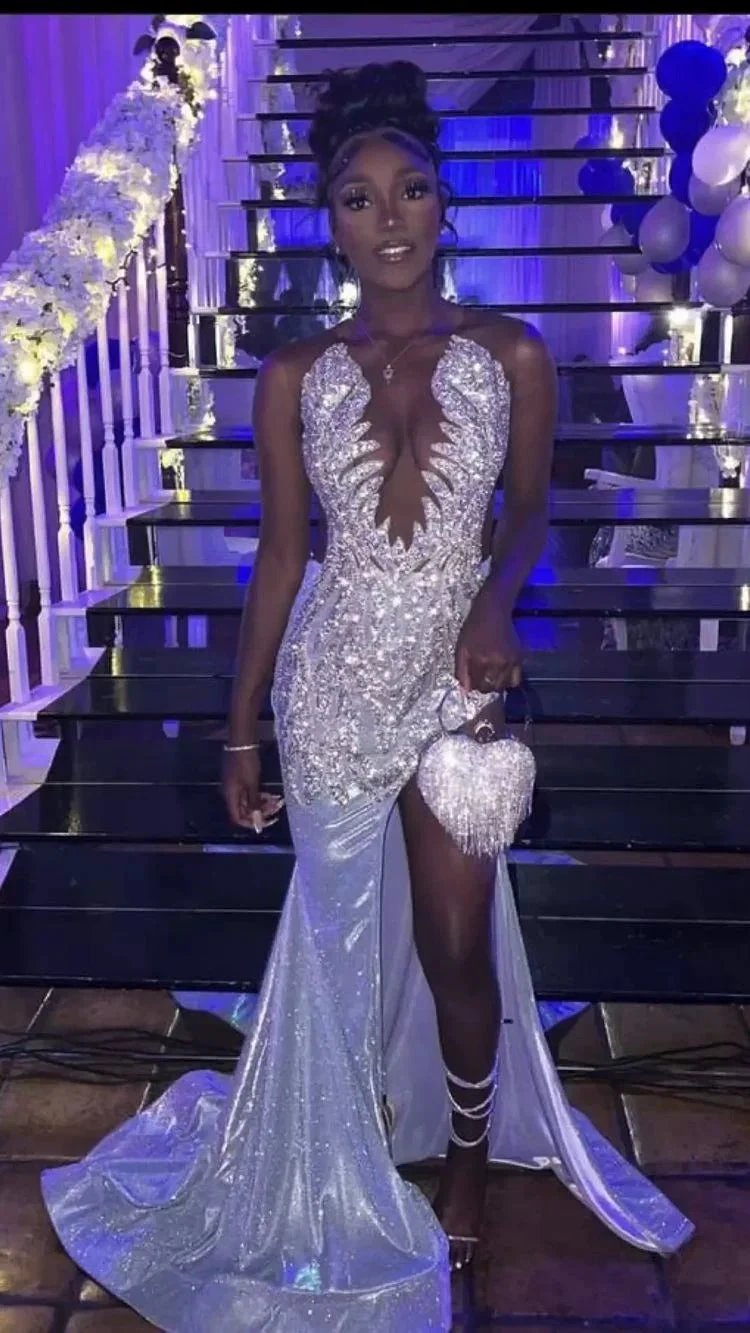 Sparkly Silver Mermaid Evening Dress Black Girls Prom Dress Y1706 by simplepromdress