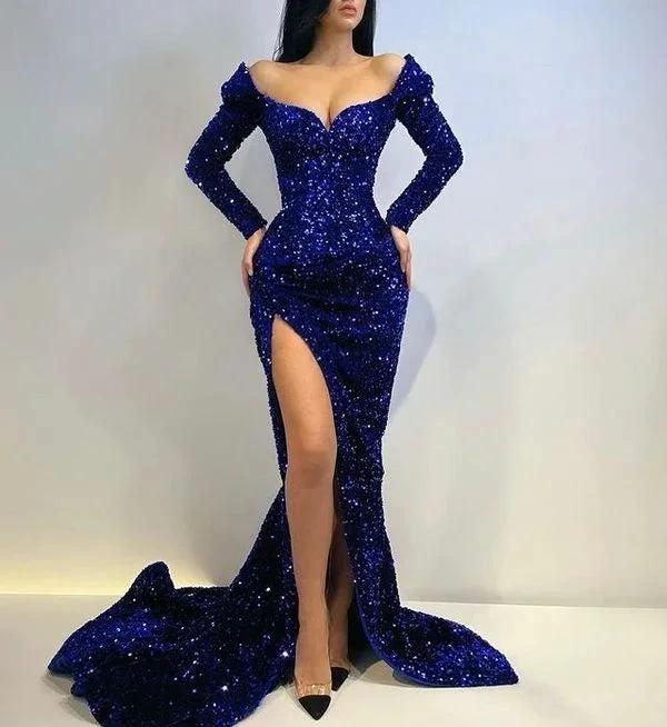 Burgundy Sequins Evening Dresses With Long Sleeves Mermaid High Split Mermaid Prom Dress Party Gown Y1682 by simplepromdress