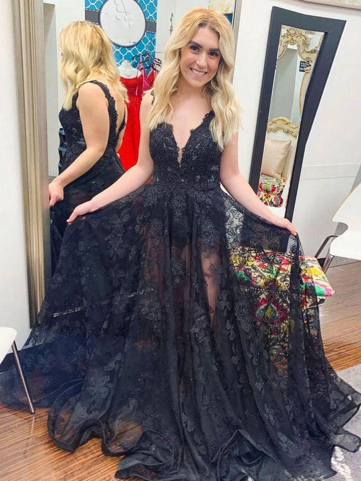 Black v neck tulle lace long prom dress, black tulle lace evening dress Y1773 by simplepromdress