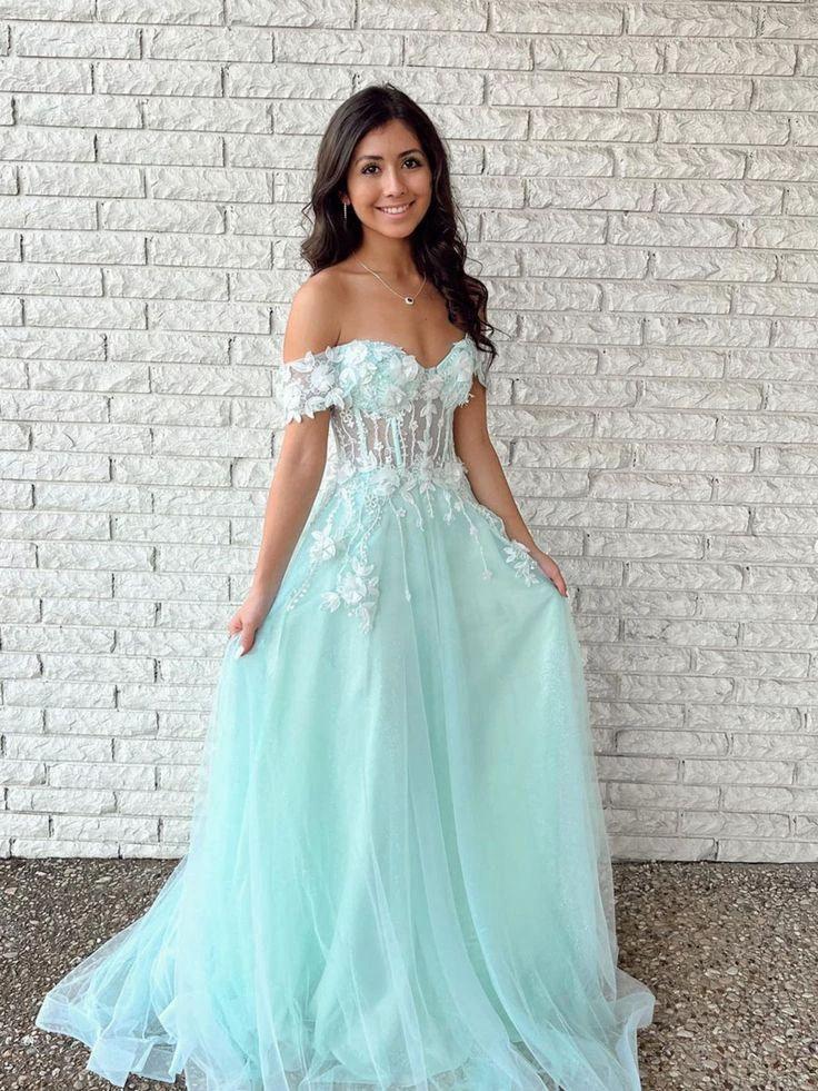 Off Shoulder Tulle Lace Long Prom Dress, Green Evening Dress Custom Size Y632 by simplepromdress