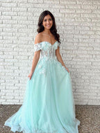 Off Shoulder Tulle Lace Long Prom Dress, Green Evening Dress Custom Size Y632 by simplepromdress