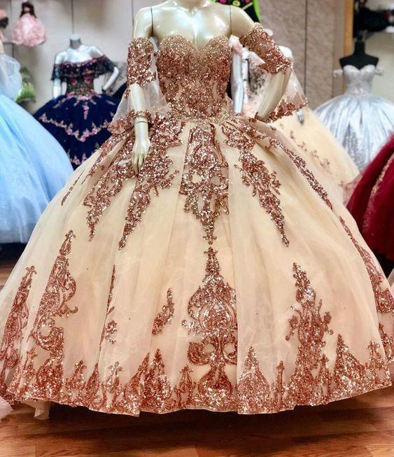 Bling Sequin Appliques Quinceanera Dresses With Removable Sleeve Sweetheart Ball Gown Y526 by simplepromdress