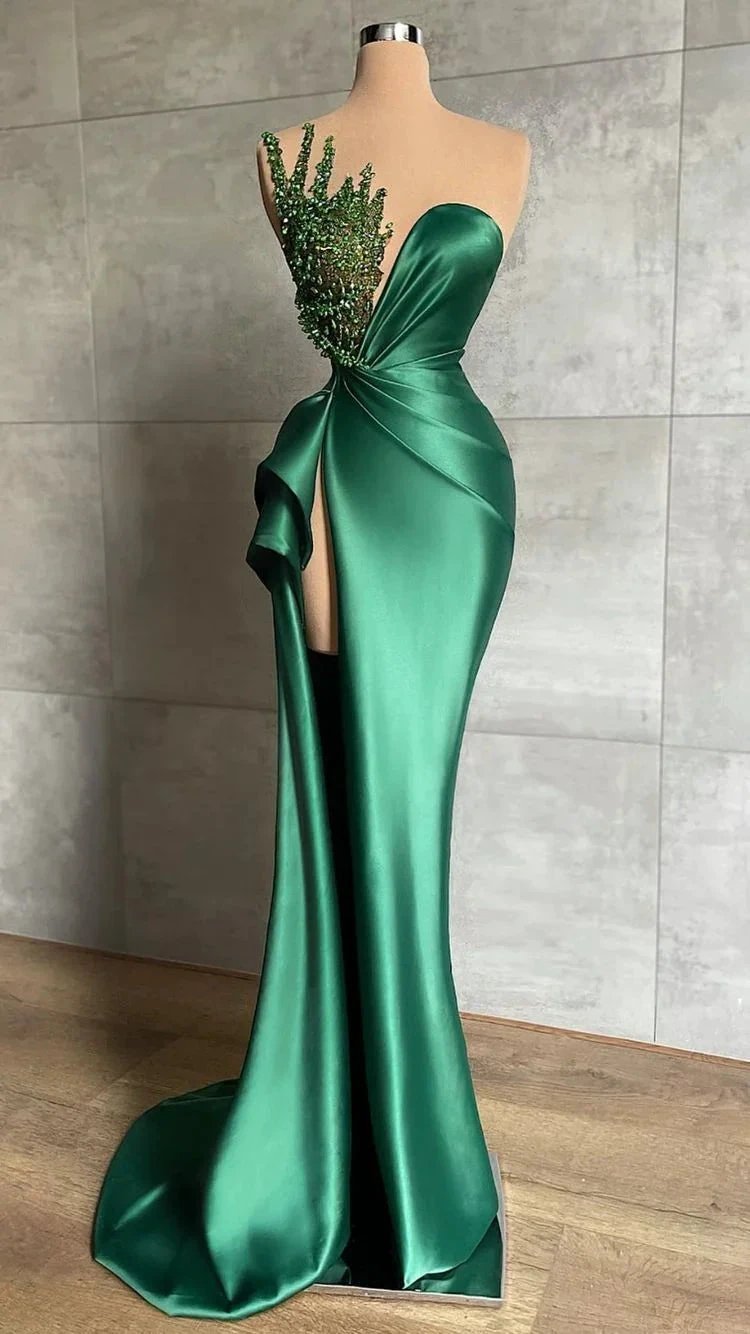 Plunging V-Neck Beads Long Formal Evening Dress Emerald Green Evening Gown High Split Y596 by simplepromdress