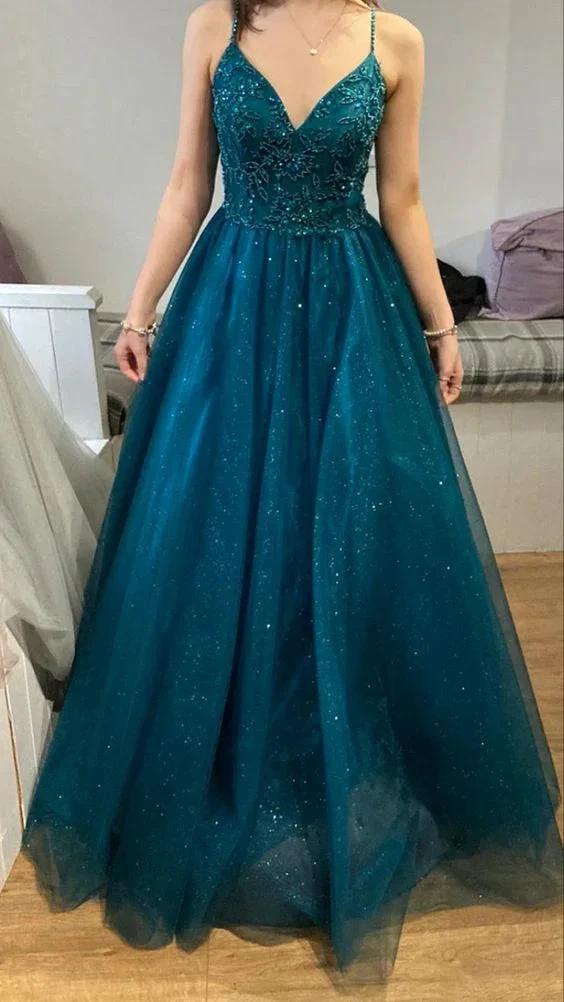 Glitter A-line V Neck Spaghetti Straps Prom Dress Generous Beaded Evening Dress Y660 by simplepromdress