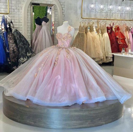 Pink Tulle Princess Dress Pink Ball Gown Elegant Applique Quinceanera Dresses Y580 by simplepromdress