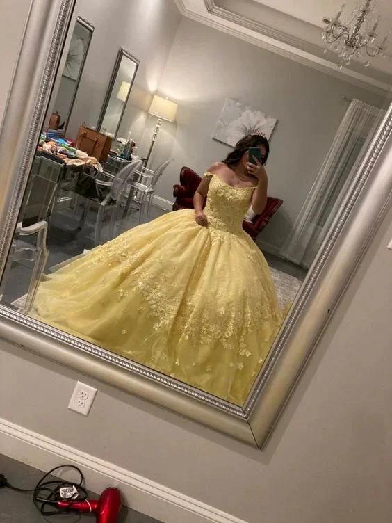 Yellow Off The Shoulder Quinceanera Dress Tulle Appliques Ball Gown Y658 by simplepromdress