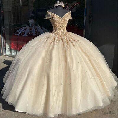 Off The Shoulder Quinceanera Dresses Champagne Lace Appliqued Beaded Ball Gown Y586 by simplepromdress