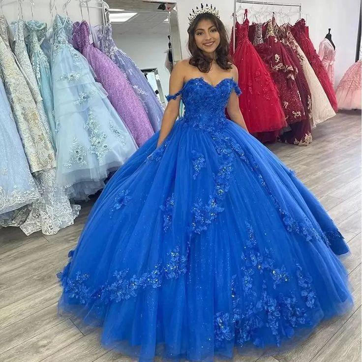 Royal Blue Off-Shoulder Ball Gown Quinceanera Dresses Fashion 3D Flower Tulle Sweet 16 Princess Dress Y524 by simplepromdress