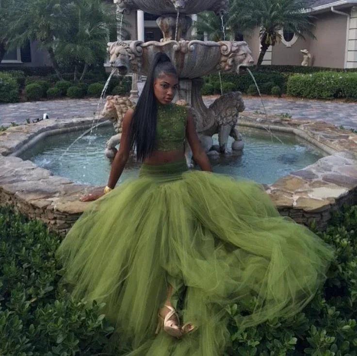 Olive Green Two Pieces Prom Dresses Lace Bodice African Girl Black Girl Evening Dress Y534 by simplepromdress
