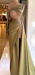 One Sleeve Mermaid Olive Green Satin Long Prom Dress Charming Evening Dress Y520 by simplepromdress