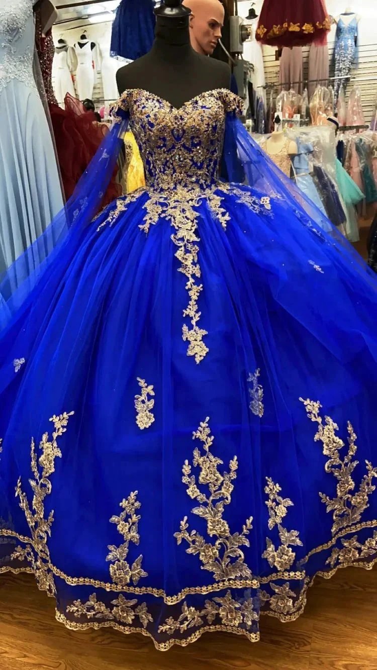 Royal Blue Tulle Ball Gown With Gold Lace Sweet 16 Dress Y530 by simplepromdress
