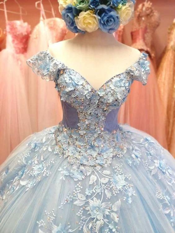 Winter Wonderland Light Blue Tulle Appliques Ball Gown Sweet 16 Dress Y601 by simplepromdress