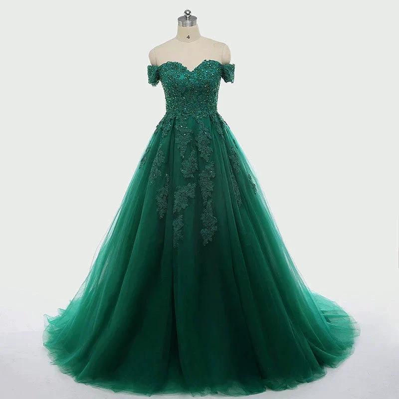 Sexy Dark Green Lace Applique Dresses Short Sleeve Ball Gown For 15 Prom Party Dress Custom Chapel Train Sweet 16 Dresses Y610 by simplepromdress