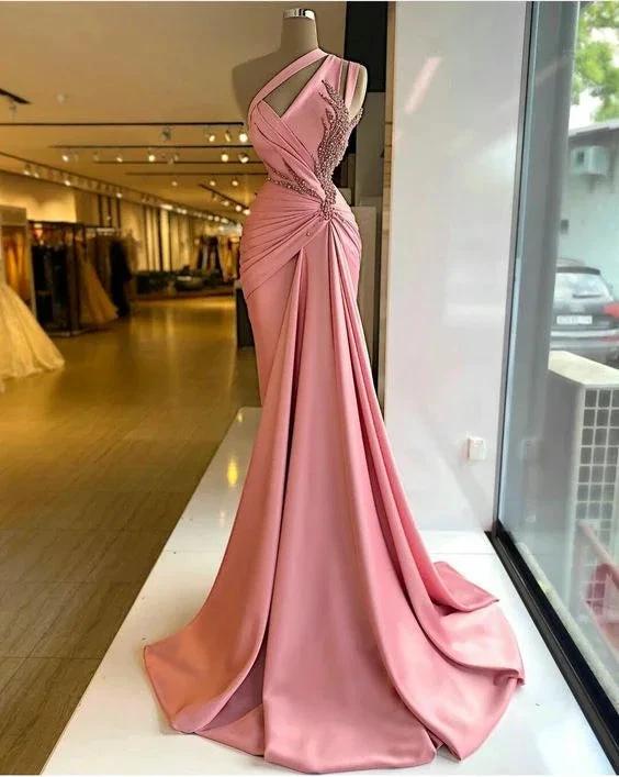 Pink Pleated Prom Dresses, Pearls Prom Dresses, Satin Evening Dresses, Arabic Prom Dresses Y560 by simplepromdress