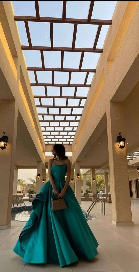 Generous Green Strapless Satin Long Evening Dress A-line Formal Gown Y590 by simplepromdress