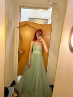 Glitter A-line Green V Neck Long Prom Dress Sleeveless Evening Dress Y621 by simplepromdress