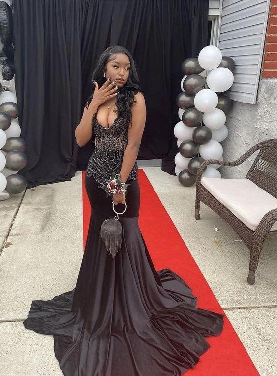 Mermaid Black V Neck Prom Dress Charming Evening Dress With Train Y543 by simplepromdress