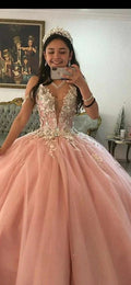 Deep V Neck Pink Tulle Ball Gown Princess Dress Y583 by simplepromdress