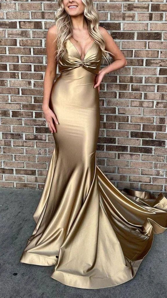 Spaghetti Straps Stunning Gold Formal Evening Dress Mermaid Long Prom Dress Y609 by simplepromdress