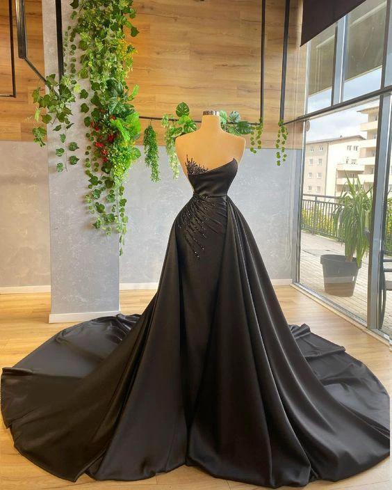Black Satin Long Prom Dress Charming Evening Dress With Train Y594 by simplepromdress