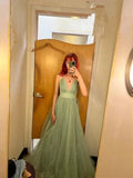 Glitter A-line Green V Neck Long Prom Dress Sleeveless Evening Dress Y621 by simplepromdress