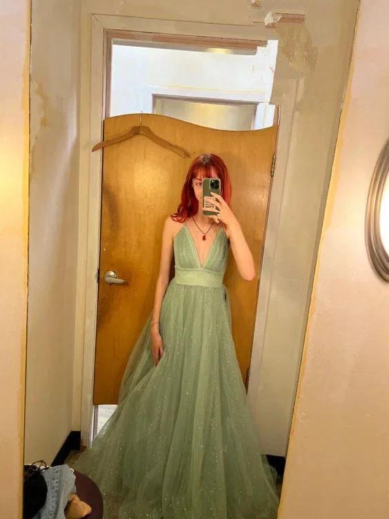 Glitter A-line Green V Neck Long Prom Dress Sleeveless Evening Dress Y621 by simplepromdress