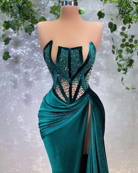 Sexy Evening Dress With Beaded Unique Long Prom Dress High Slit Y569 by simplepromdress