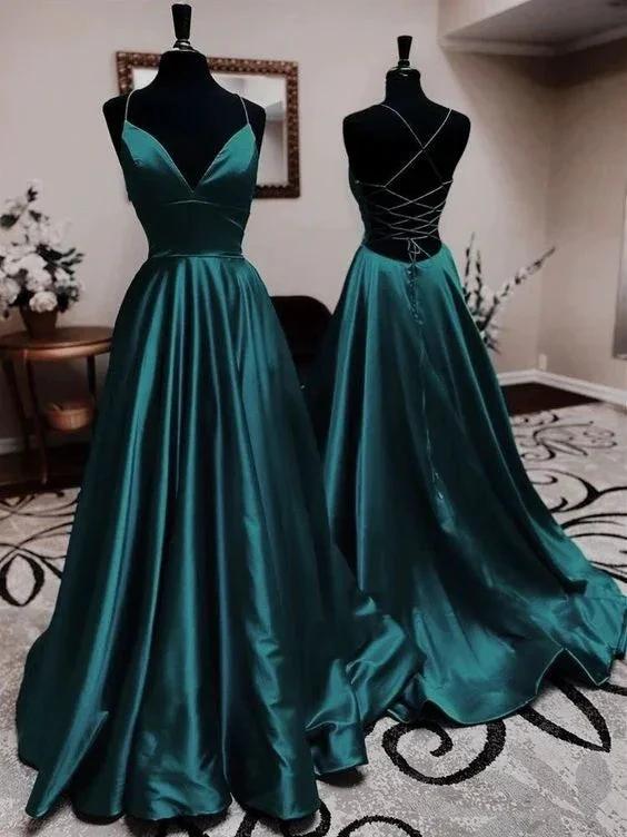 Spaghetti Straps Satin Long Party Dresses, Women&