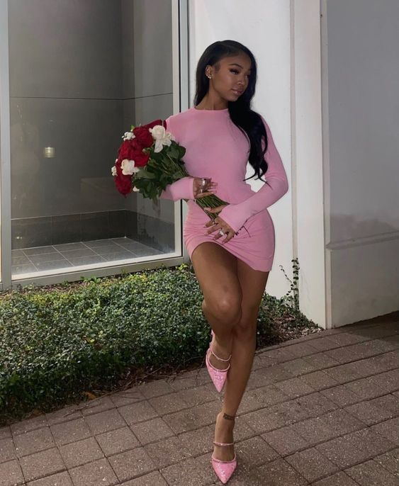19th Birthday Outfit Pink Long Sleeves Tight Dress Sexy Homecoming Dress Y649 Main Image