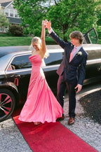 Sweet pink satin prom dresses spaghetti straps sheath long evening dress Y538 by simplepromdress