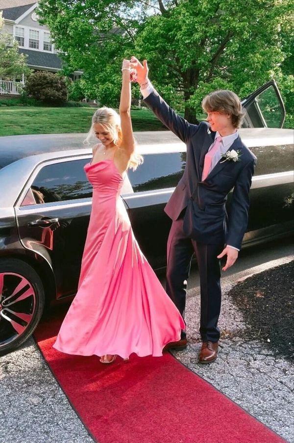 Sweet pink satin prom dresses spaghetti straps sheath long evening dress Y538 by simplepromdress
