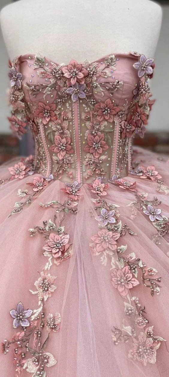 Pink Tulle Floral Appliques Ball Gown Sweet 16 Dress Y527 by simplepromdress
