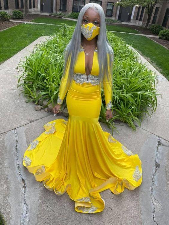 Yellow Mermaid Deep V Neck Prom Dresses Sexy Evening Dresses With Appliques Y570 by simplepromdress