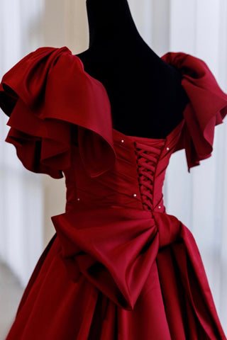 Burgundy satin long A line prom dress evening dress Y518
