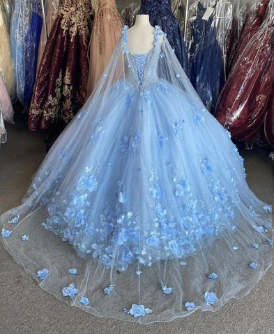 Vestido de fiesta de tul con flores azules, elegante vestido de fiesta S26907