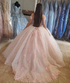 Blush Pink Puffy Sweet 16 Off Shoulder Ball Gowns Sixteen Beaded Crystal Light Pink Tulle Quinceanera Dress Princess Prom Dresses S27021 by simplepromdress