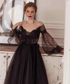 Elegant Black Illusion Full Sleeve V-Neck Lace Appliques Backless A-Line Ankle-Length Evening Dress S26660 by simplepromdress