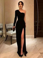 One Shoulder Black Velvet Long Prom Dresses Black One Shoulder Velvet Formal Evening Dresses S24607 by simplepromdress