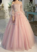 Long Sleeve Prom Dresses, Pearl Pink Ball Gown Long Floral Fairy Prom Dress S24387 by simplepromdress