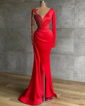 Long Red Satin Evening Dresses Sheer Neckline Long Sleeve Beaded African High Slit Women Formal Prom Dress S24678 by simplepromdress