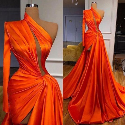 One Shoulder Prom Dress Pleats Evening Dress S24069