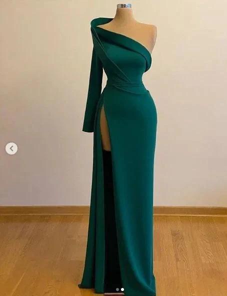One Shoulder Long Sleeves Evening Gowns With Slit Formal Occasion Pageant Dress S25031 by simplepromdress